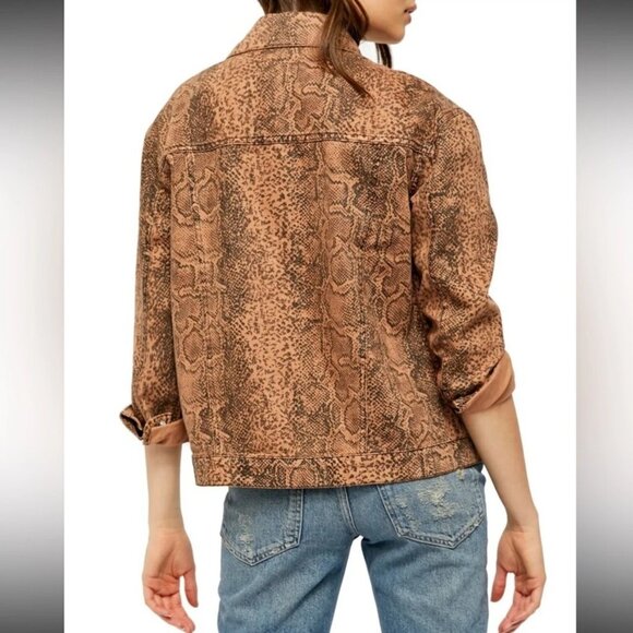 Free People Brown Snake Print Button Front Denim Trucker Jacket - Picture 12 of 13